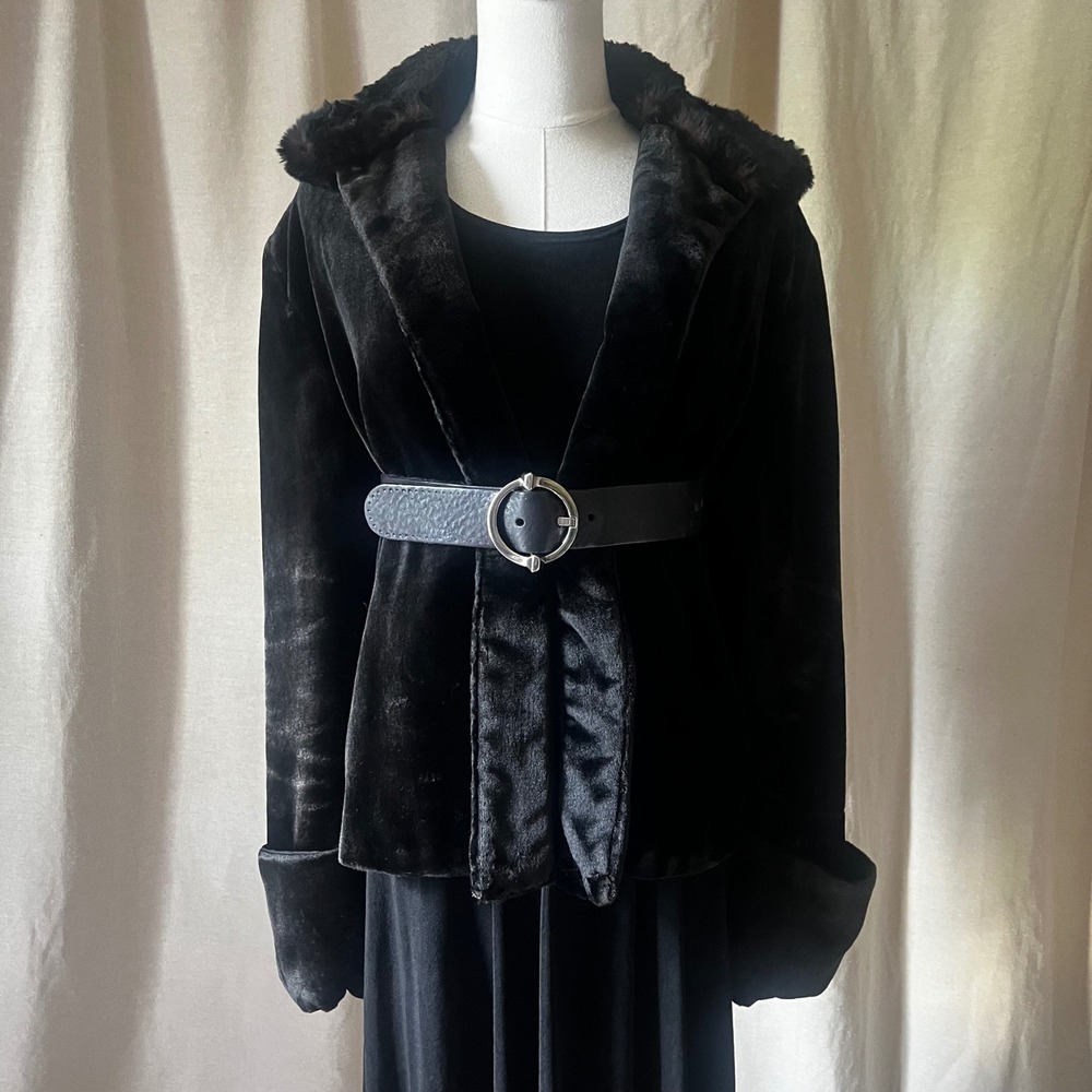 Vintage Black Velvet Jacket‎ Real Fur Collar Old Hollywood Evening Jacket M/L